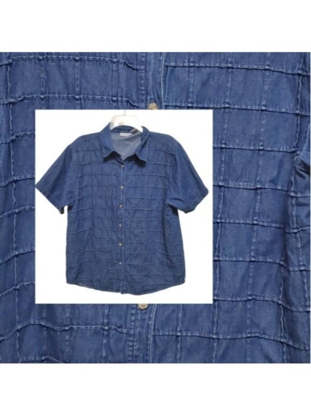 Vintage Top Textured Denim Button Up Granny Coastal Boho Cotton Large